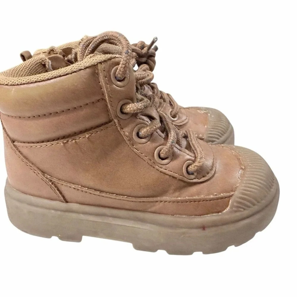 Cat & Jack‎ Boots Brown Faux Leather Lace Up Side Zip Toddler Kids Sz 7